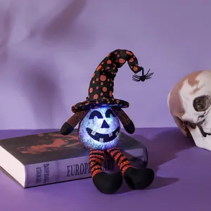 Halloween glowing gnome plush with pumpkin face, striped long legs and wizard hat decor