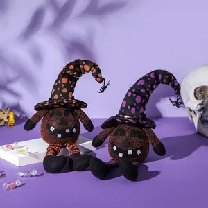 Halloween gnome pumpkin plush dolls with tall wizard hats and long legs on purple background