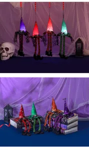Glow-in-the-dark Halloween wizard hat pendants with striped legs in four vibrant colors