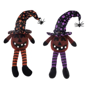 Halloween gnome plush set with long striped legs, sequin pumpkins, and spider wizard hats