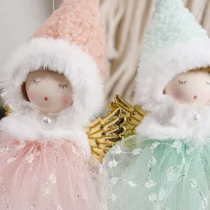 Christmas angel doll ornaments with pink and green sequin lace dresses and gold wings