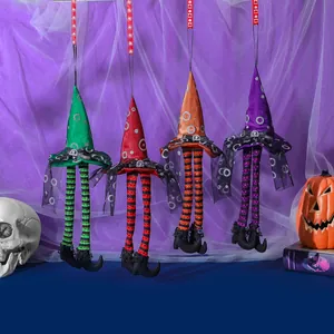 Set of 4 glowing Halloween witch hat pendants with striped long legs for party decor