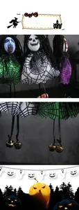 Detail of Halloween ghost hanging decor with spider web skirt and metal bell