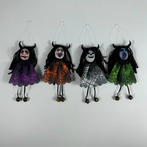 Detailed set of four Halloween hanging ghost dolls with colorful spiderweb skirts and bells