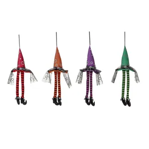Set of four glowing Halloween wizard hat dolls with sequin hats and striped long legs