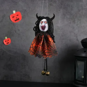 Spooky Halloween hanging ghost doll with orange spiderweb robe and black devil horns