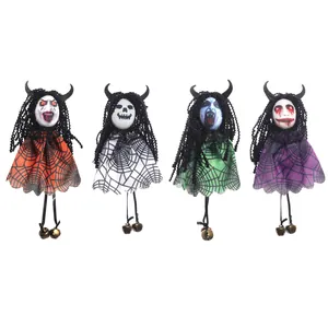 Set of 4 Halloween ghost dolls with spiderweb skirts and bells for party hanging decor
