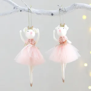 Ballet Mouse Christmas Ornament Pink Mesh Tulle Skirt Gold Sequin Crown Hanging Pendant For Christmas Tree Holiday Home Decor Gift