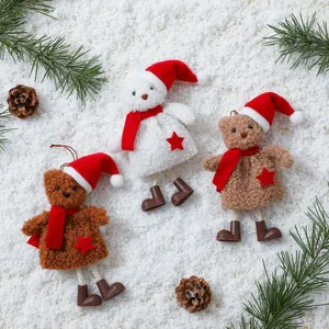 Handmade Christmas Plush Bear Ornament With Red Hat And Scarf Sherpa Fleece Bear Pendant For Christmas Tree Decoration Gift