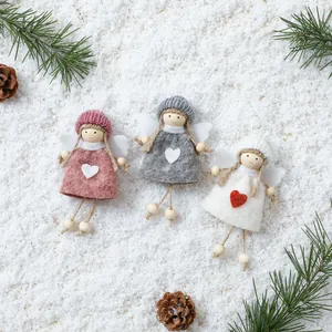 Handmade Christmas Angel Ornament Knitted Hat Girl Pendant Felt Heart Wings Hanging Decor For Christmas Tree Home Party