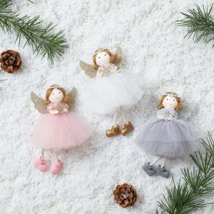 Christmas Angel Doll Hanging Ornament Artificial Pearl Crown Glitter Wings Mesh Skirt Angel Pendant For Christmas Tree Home Decor