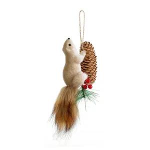 Realistic squirrel Christmas tree ornament with pine cones and red berries on white background