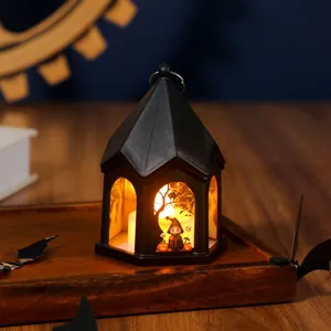 Halloween LED pumpkin lantern with spooky wizard graphics and a warm glowing light