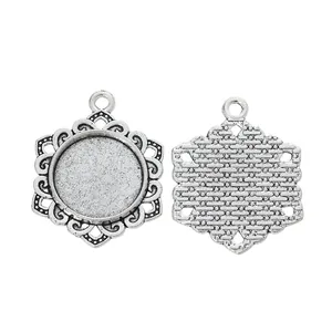 Vintage silver zinc alloy 16mm round pendant base with hollow floral engraved design