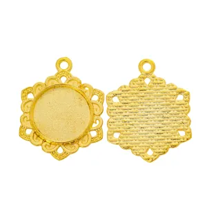 Detailed front and back view of golden lace alloy pendant trays for DIY jewelry making