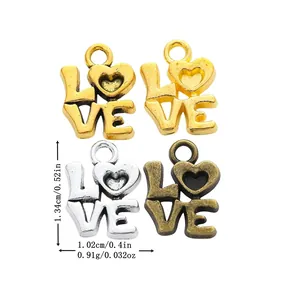 Vintage Zinc Alloy LOVE Heart Charms For DIY Jewelry Making Antique Gold Silver Bronze Letter Pendants Craft Accessory