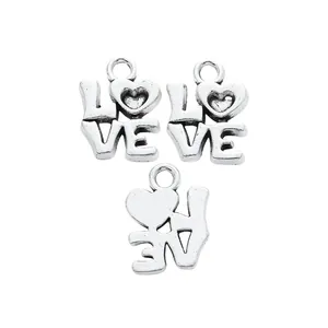 Three vintage silver LOVE heart alloy charms for DIY necklace and bracelet making