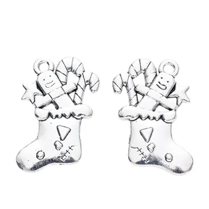 Retro antique silver Christmas stocking alloy pendants with gingerbread man for DIY jewelry