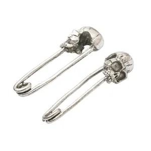 Pair of retro skull safety pin alloy charms in antique silver finish for DIY punk jewelry