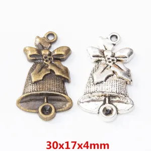 Pendentif Vintage en Alliage Cloche de Noël Avec Nœud Feuille de Houx pour Bijoux DIY Bronze Antique Argent Charme Métallique