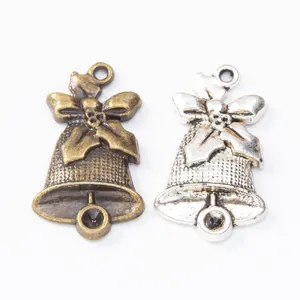 Pendentifs cloche de Noël vintage en alliage avec nœud et houx en bronze et argent