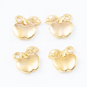 Set of four gold apple-shaped zinc alloy charms with leaf textures for DIY jewelry