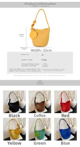 Detailed size specifications and six color variants of the faux suede bucket bag