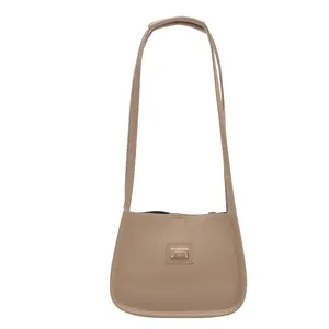 Elegant apricot PU leather shoulder bag with gold metal logo for 2025 fashion commute