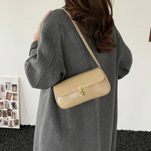 Vintage Women Underarm Bag French Minimalist Glossy PU Leather Shoulder Bag With Metal Lock Elegant Baguette Handbag