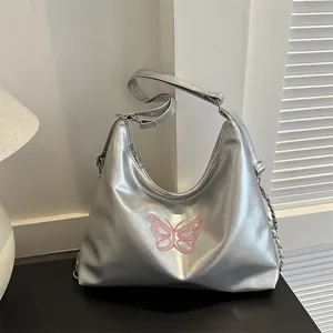 Women Fashion Metallic PU Leather Shoulder Bag Pink Butterfly Embroidery Y2K Hobo Tote With Silver Chain Strap
