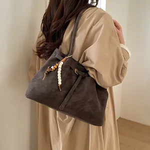 Retro dark brown suede tote bag for women with long strap and beaded tassel pendant