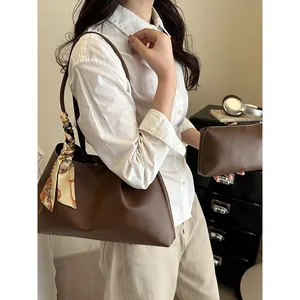 Large brown tote bag set with matching inner pouch and elegant vintage scarf decoration