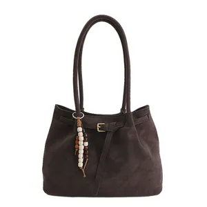 Retro dark brown suede tote bag for women with dual straps and beaded tassel charm