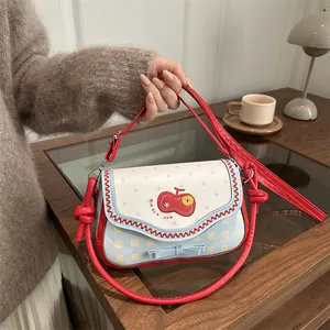 Women Sweet PU Leather Crossbody Bag Japanese Style Gingham Polka Dot Shoulder Bag With Bowknot Cherry Embroidery For Girls