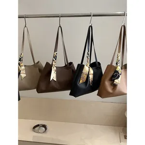 Minimalist large PU leather tote bag with silk scarf accessory in four neutral colors