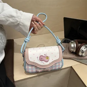 Cute lace patchwork crossbody bag with pink blue plaid and bow details for girls