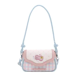 Cute apple-shaped shoulder bag with lace edges and pink polka dots pattern for girls