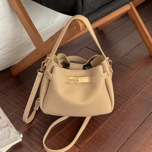Sac Seau Femme Motif Litchi Avec Fermoir Pivotant Doré Sac à Main en Cuir Synthétique Sac Bandoulière Pour Bureau Quotidien