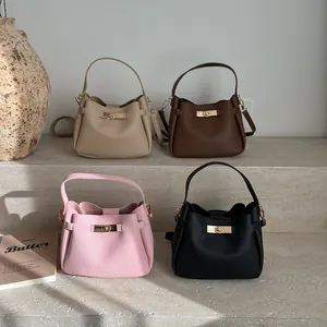 Women Minimalist PU Leather Litchi Grain Bucket Bag Fashion Handbag With Metal Lock Adjustable Strap Casual Shoulder Bag