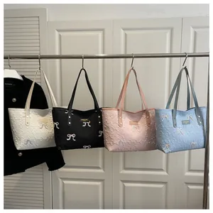 Fashion Women Tote Bag Large Capacity Embroidered Bowknot Embossed Shoulder Bag Stylish Daily Casual Handbag For Ladies