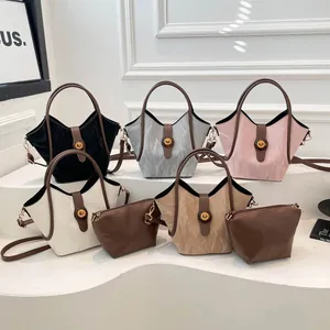 Women's PU Leather Wrinkled Bucket Bag And Pouch Contrast Color Shoulder Crossbody Bag Handbag For Daily Work