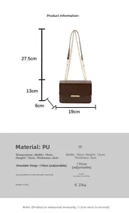 Brown PU crossbody bag dimensions 19x13x6cm with adjustable gold chain strap details