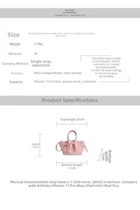 Detailed dimensions and specifications of the pink PU bucket bag with adjustable strap