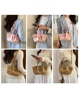 Collage of woven texture bucket bags in pink and khaki showing various carrying styles