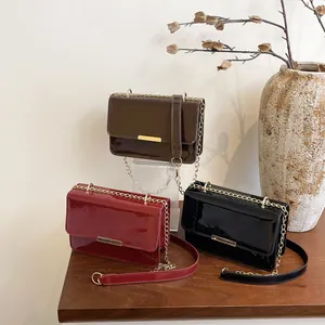 Women's Patent Leather Small Square Bag With Gold Chain Strap Elegant Minimalist Crossbody Shoulder Bag For Daily Party Fashion