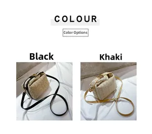 Detailed comparison of woven straw shoulder bags in black and khaki colors with metal locks