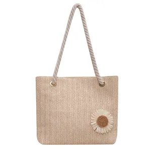 Large capacity straw tote bag with woven herringbone pattern and rope handles