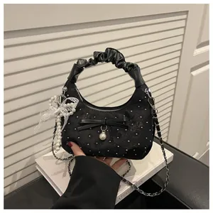 Rhinestone Bow Hobo Bag Pleated Lace Artificial Pearl Handbag For Women Sweet Elegant Chain Shoulder Crossbody Bag Wedding Party Purse