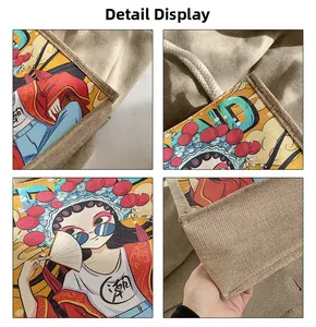 Detailweergave van canvas draagtas met katoenen handvatten en Chinese cartoonopdruk