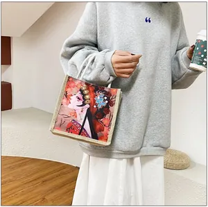 Canvas tote bag with traditional Chinese opera portrait illustration and cotton rope handles